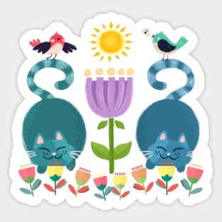 A Sunshine Day For Cats And Songbirds In The Tulip Garden Sticker